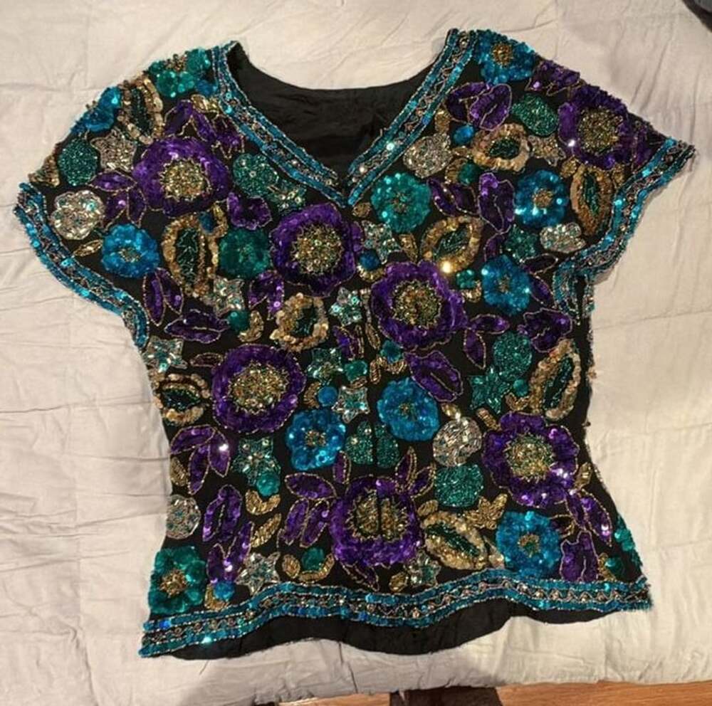 Black Tie Oleg Cassini Vintage Sequin and Beaded Silk Blouse Top Size S